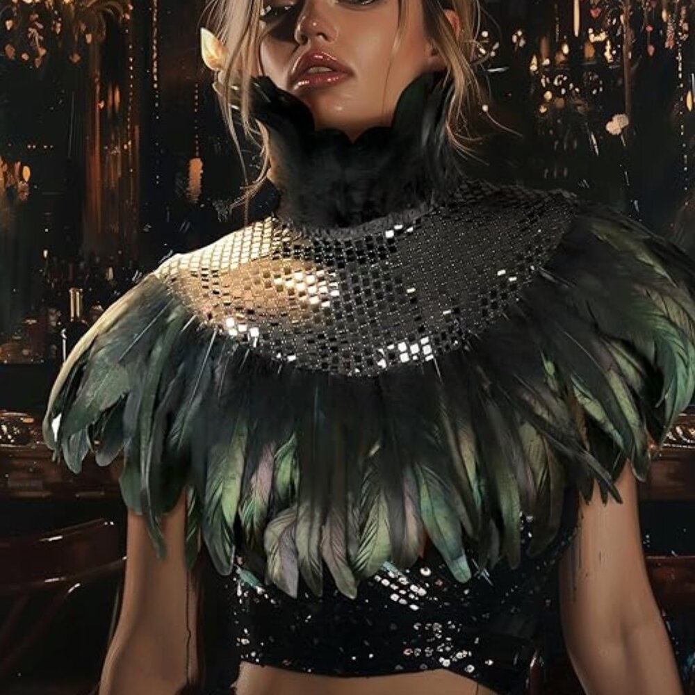 Sequin Feather Collar Halloween Cape